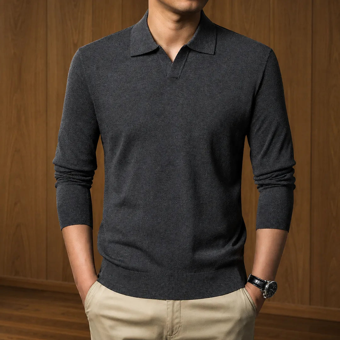 Men's Ribbed Knit Open Collar Polo Jumper