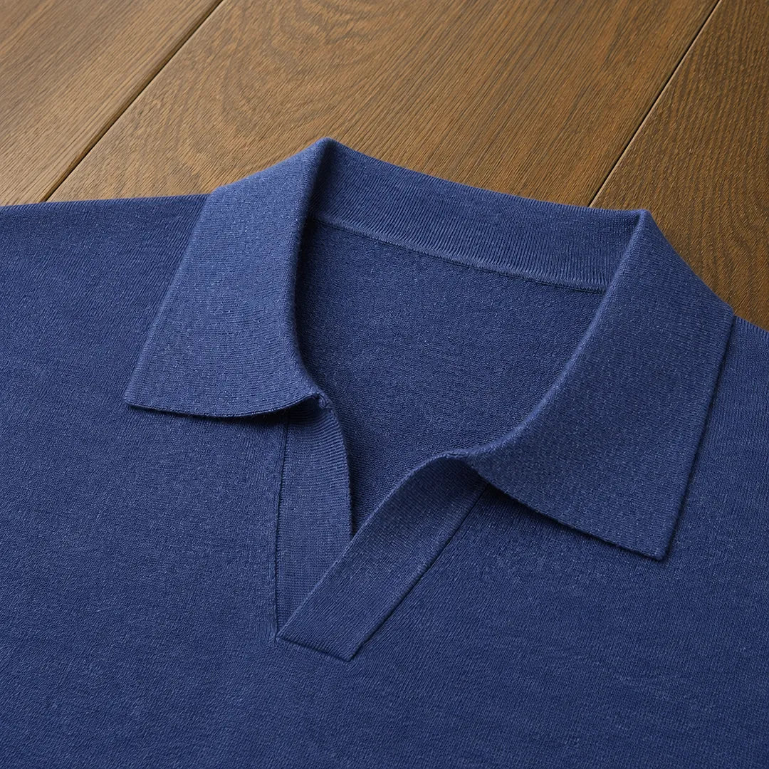 Men's Ribbed Knit Open Collar Polo Jumper