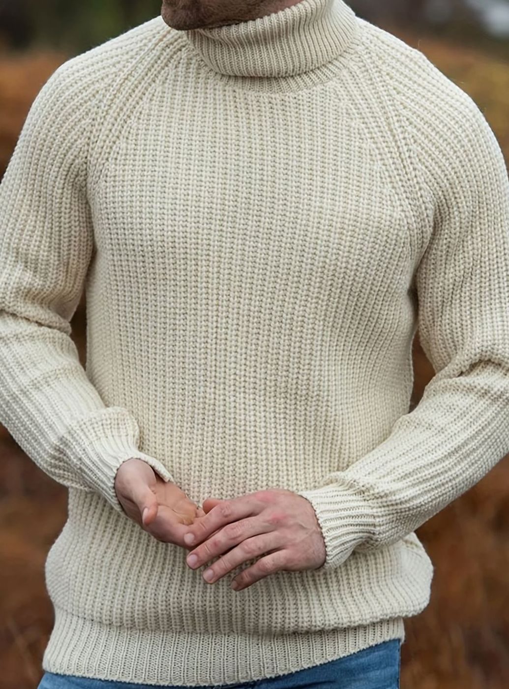 Men's Chunky Rib Knit Roll Neck Jumper in Beige