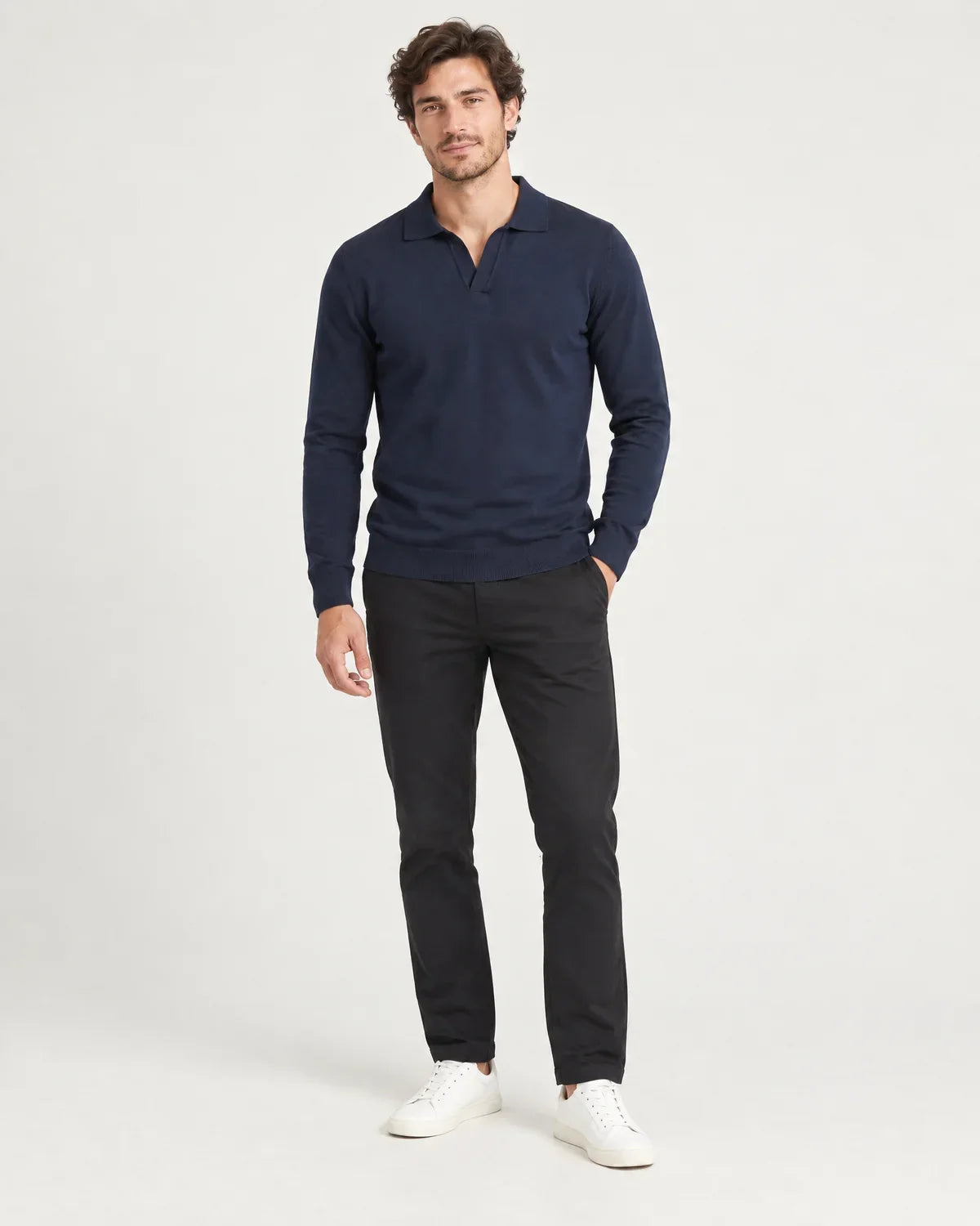 Men's Slim-Fit Fine Knit Polo Jumper in Navy