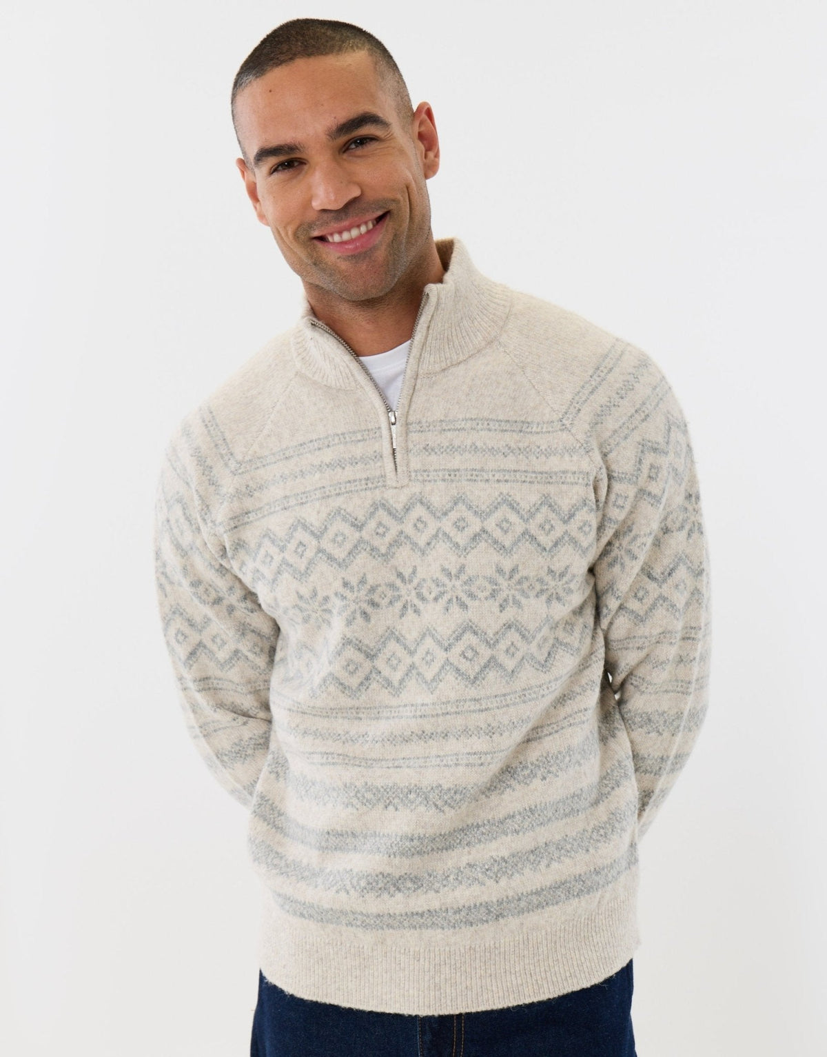 Men's Christmas Jumper Fair Isle Snowflake Quarter Zip in Ecru
