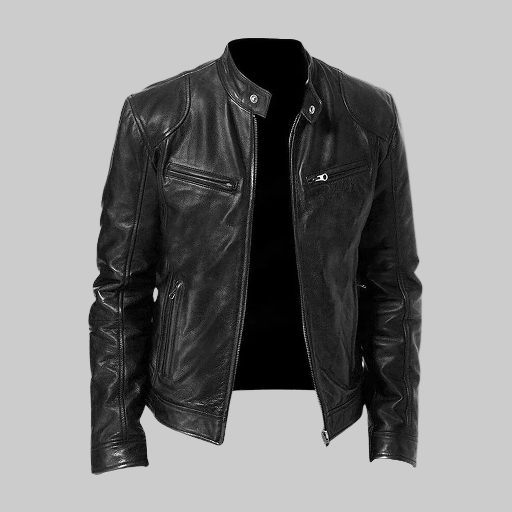 Men's Biker Faux Leather Bomber Jacket with Stand Collar