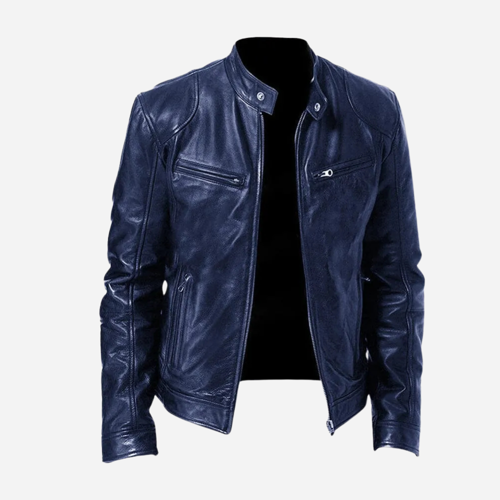 Men's Biker Faux Leather Bomber Jacket with Stand Collar
