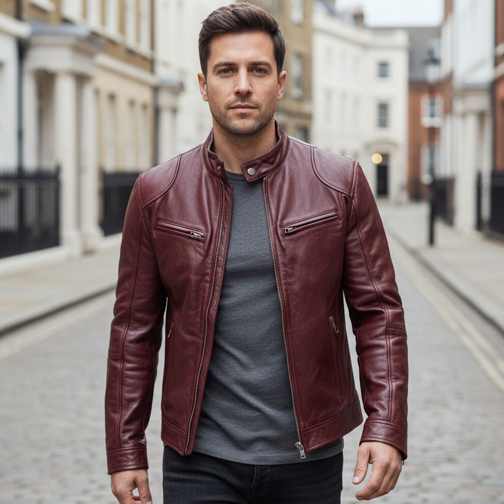 Men's Biker Faux Leather Bomber Jacket with Stand Collar
