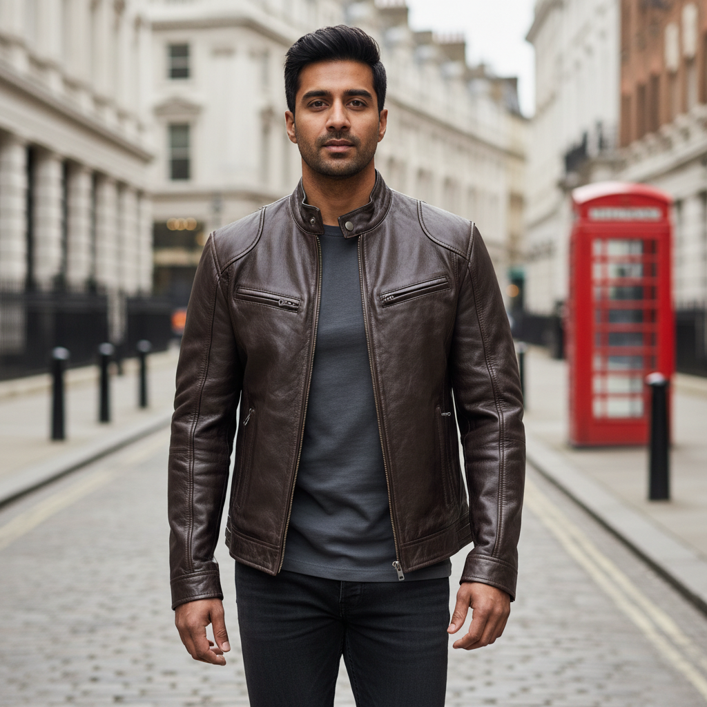 Men's Biker Faux Leather Bomber Jacket with Stand Collar
