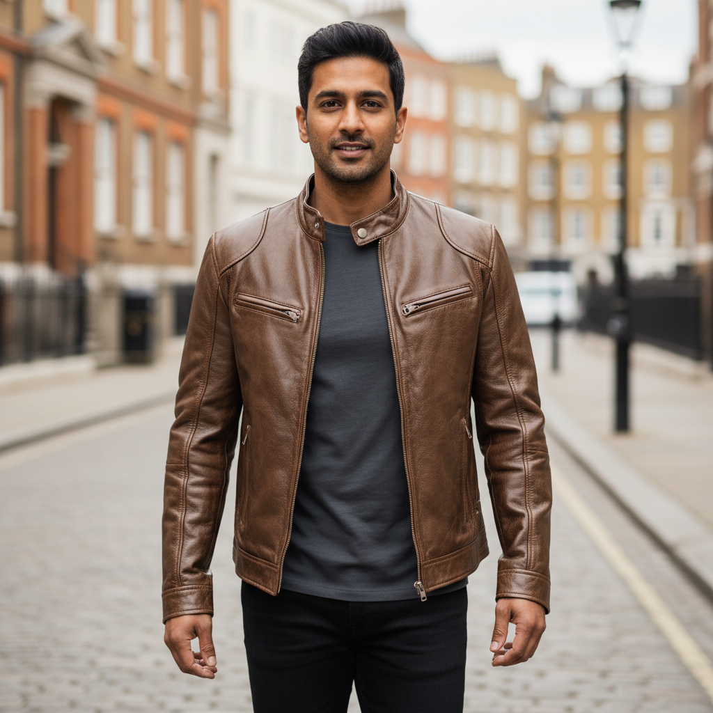 Men's Biker Faux Leather Bomber Jacket with Stand Collar