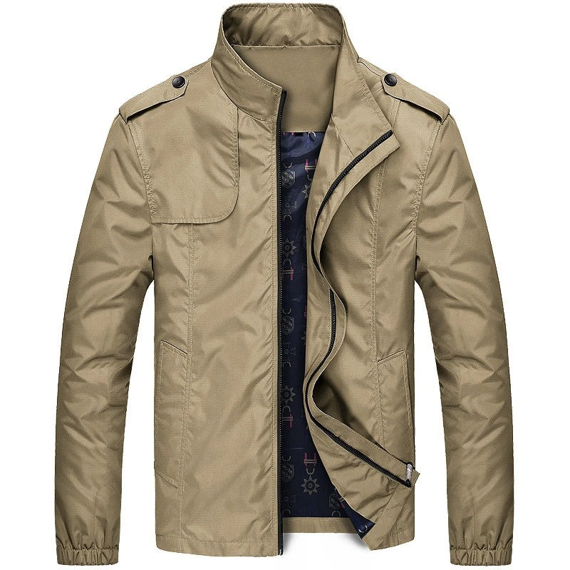 Men's Stand Collar Zip-Up Jacket with Shoulder Tabs