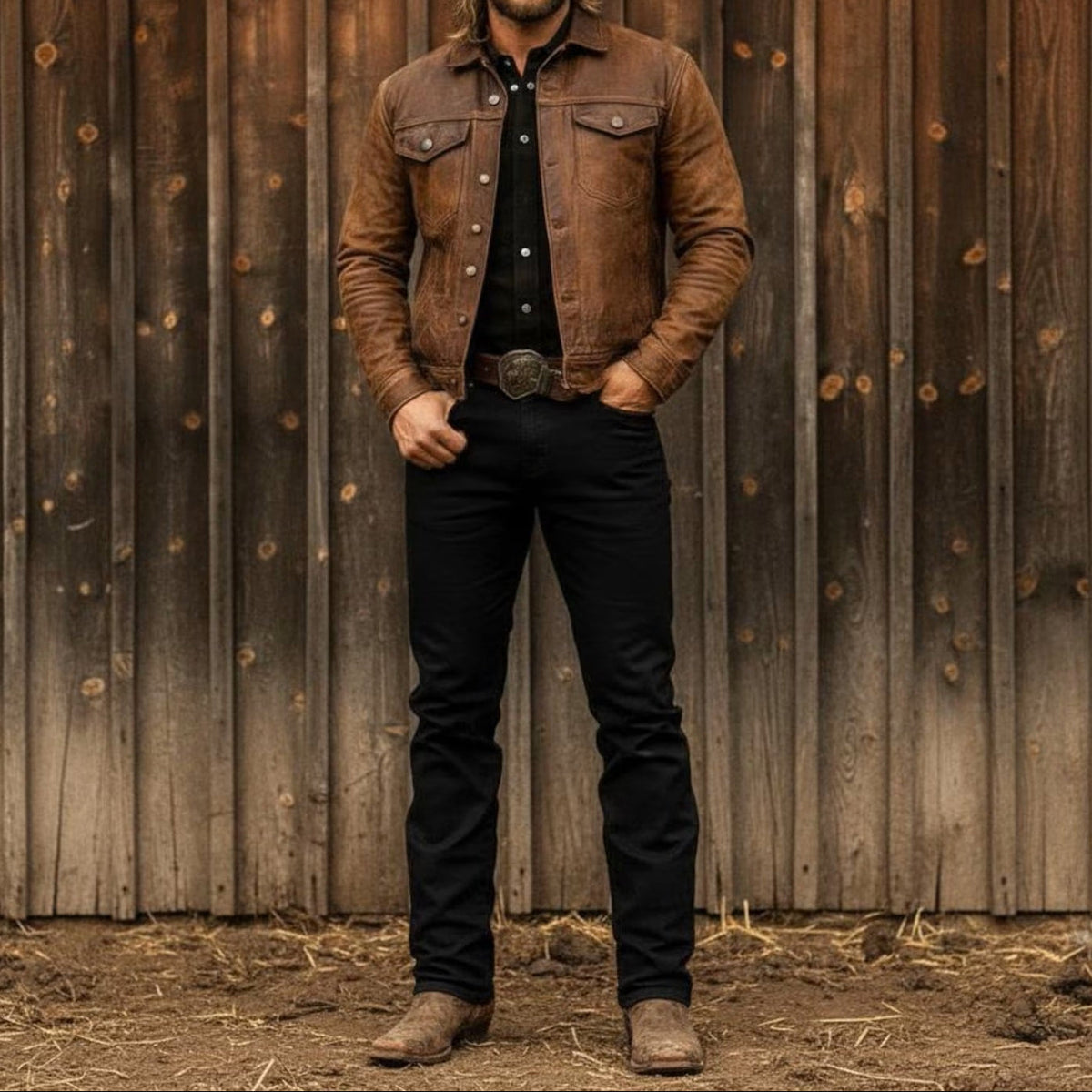 Men's Button-Front Faux Leather Trucker Jacket in Brown