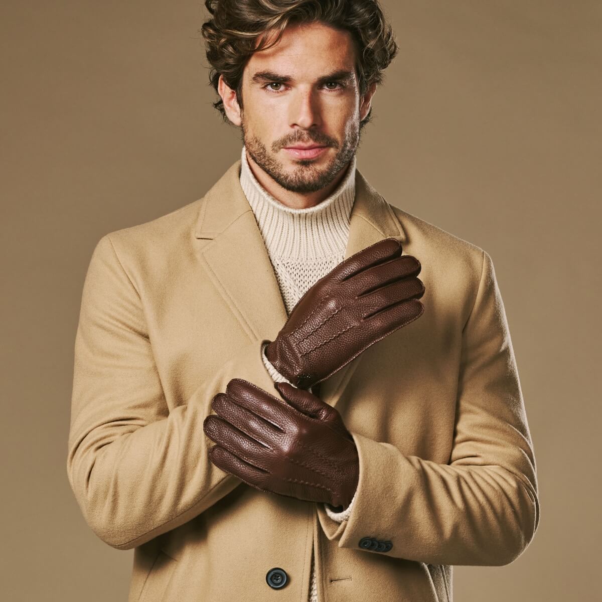 Men's Faux Leather Winter Gloves with Stitched Back in Brown