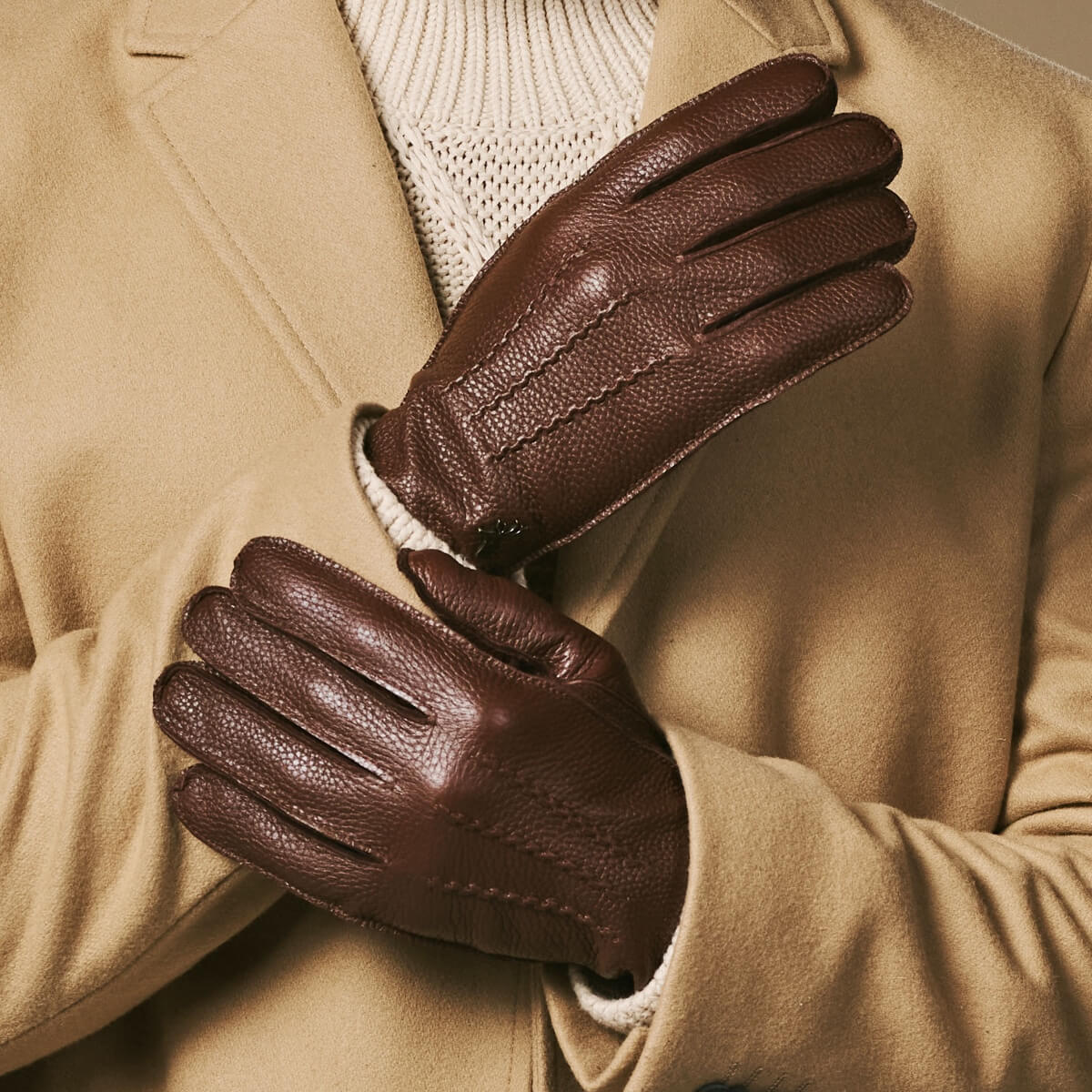 Men's Faux Leather Winter Gloves with Stitched Back in Brown