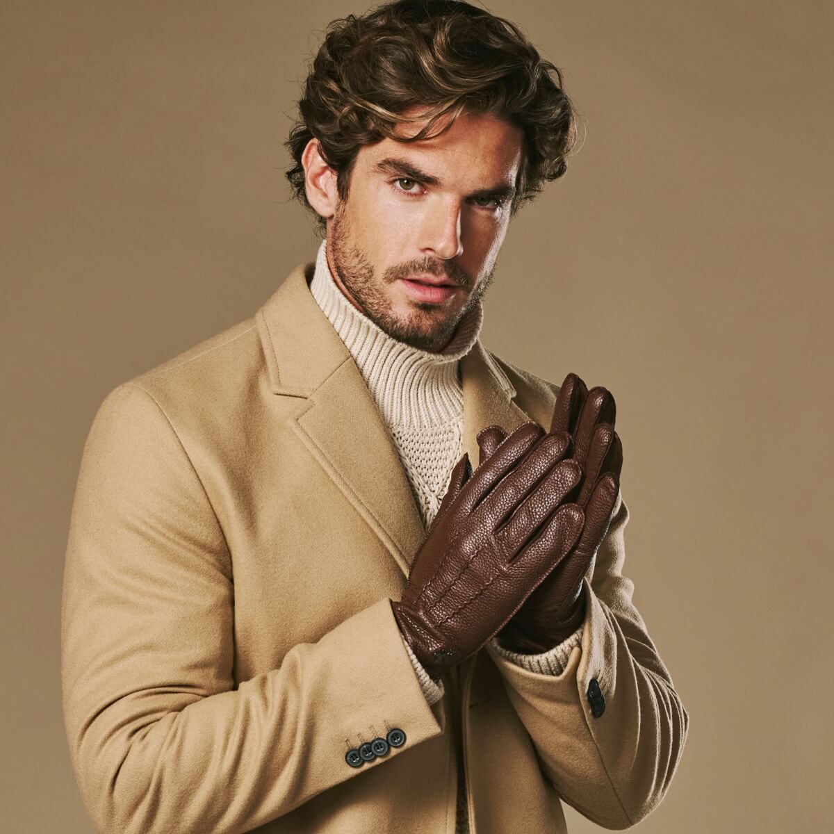 Men's Faux Leather Winter Gloves with Stitched Back in Brown