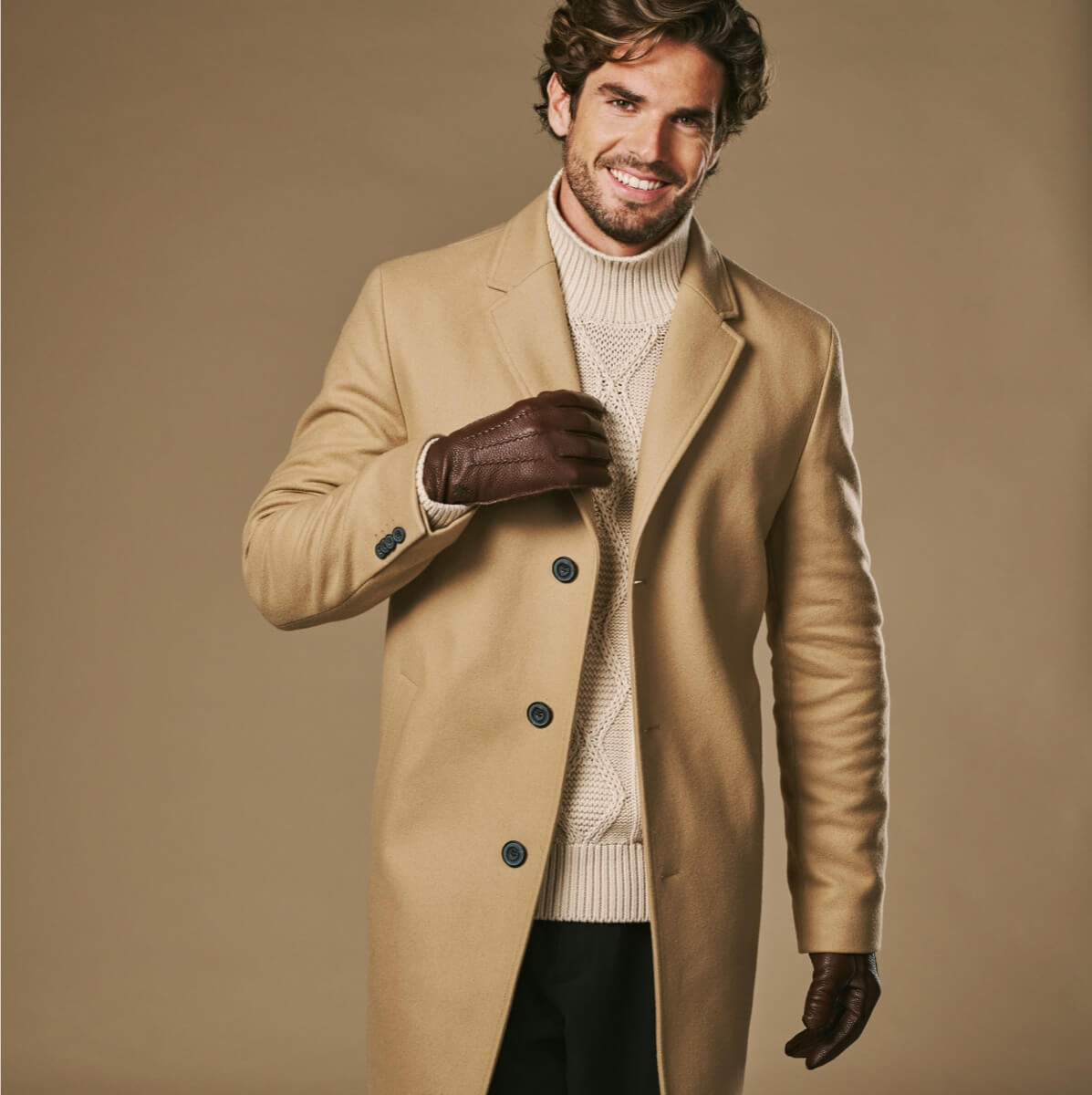Men's Faux Leather Winter Gloves with Stitched Back in Brown