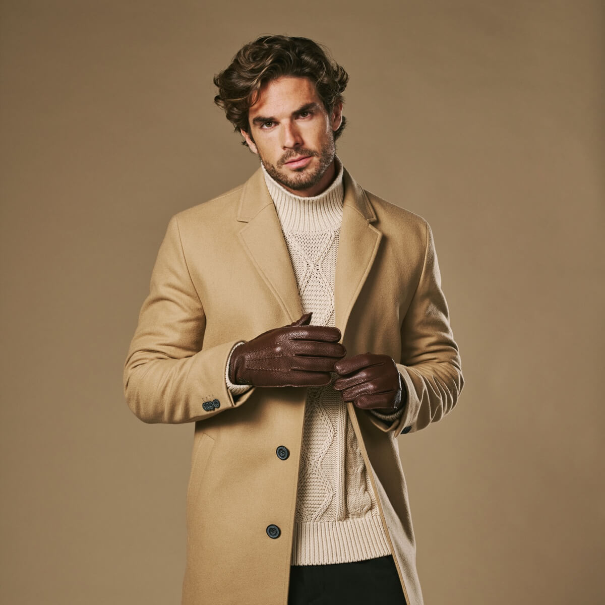 Men's Faux Leather Winter Gloves with Stitched Back in Brown