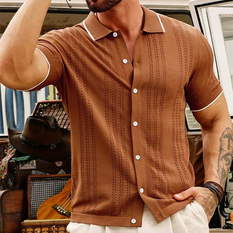 Men's Textured Knit Short Sleeve Button Shirt