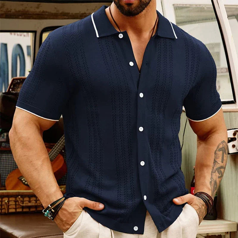 Men's Textured Knit Short Sleeve Button Shirt