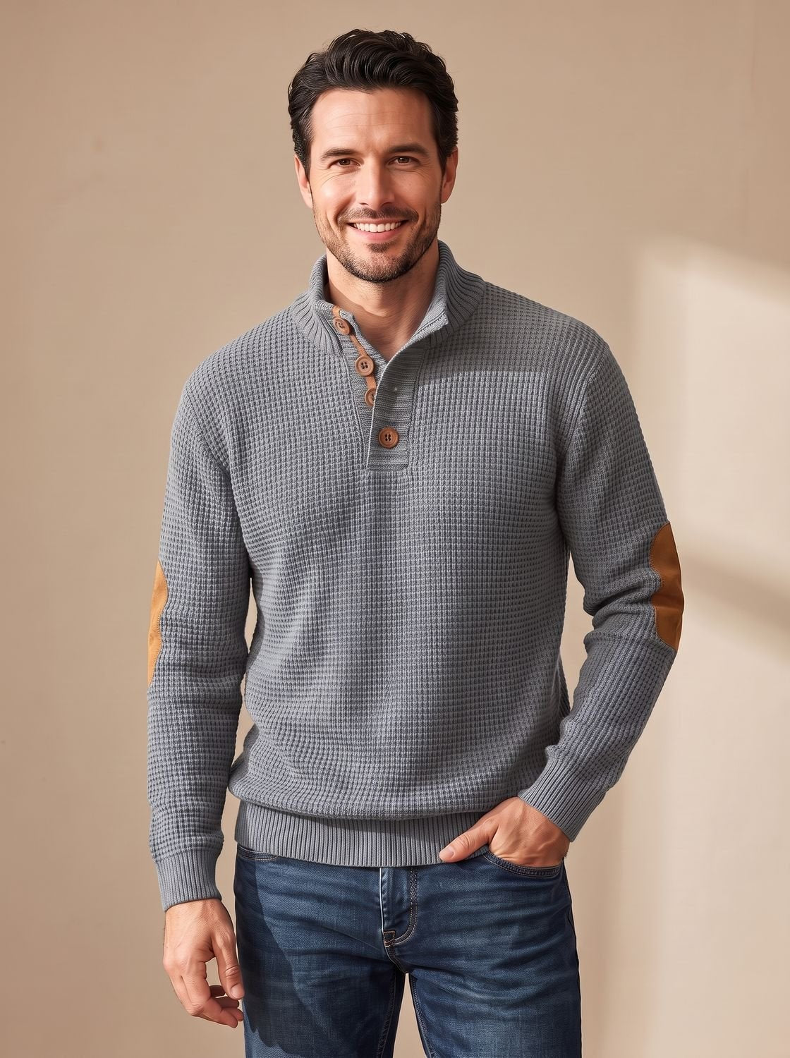 Men's Waffle Knit Button Neck Jumper with Elbow Patches