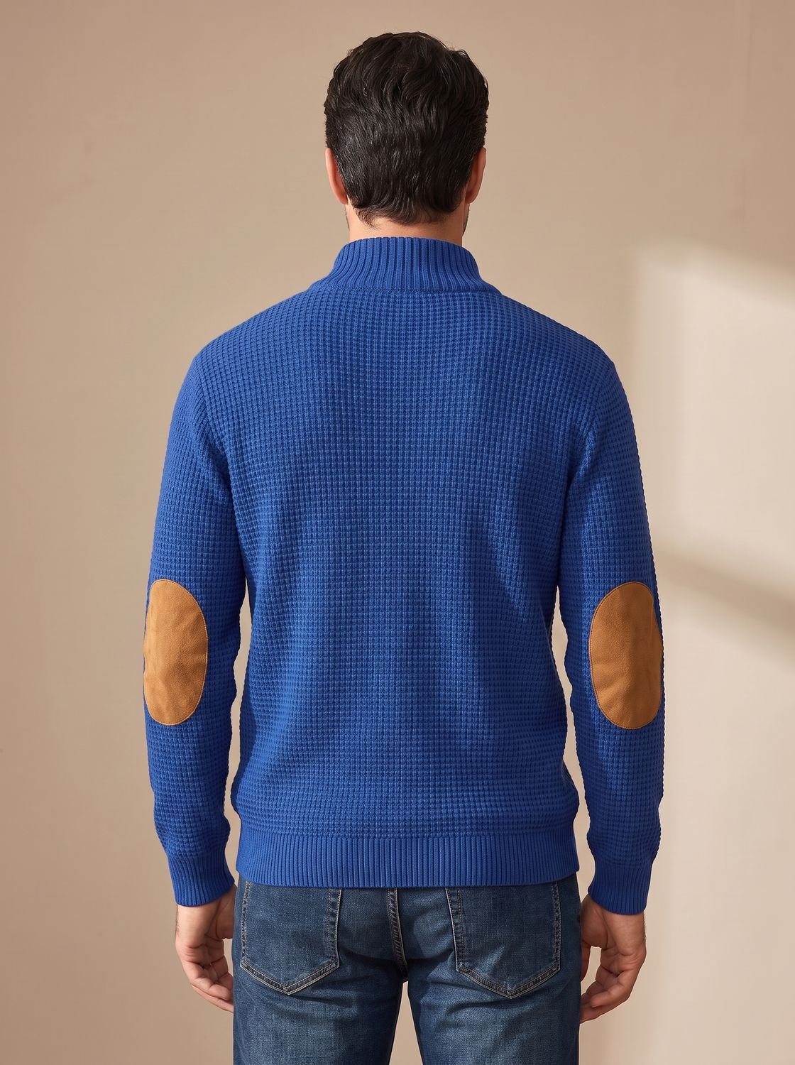 Men's Waffle Knit Button Neck Jumper with Elbow Patches