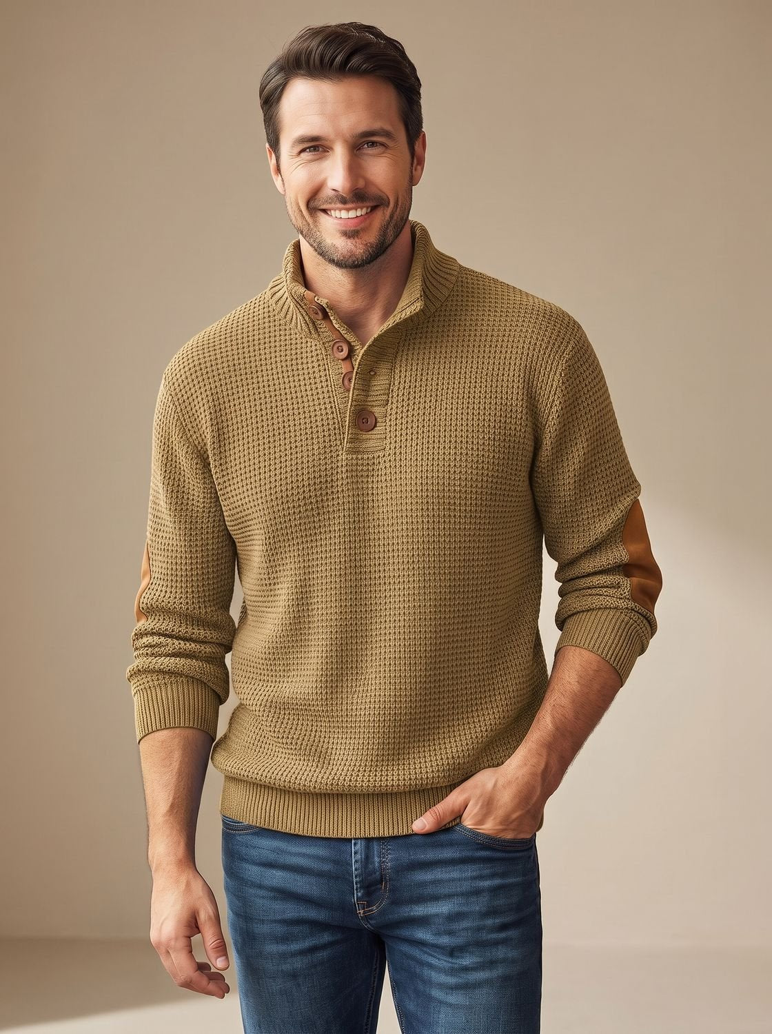 Men's Waffle Knit Button Neck Jumper with Elbow Patches