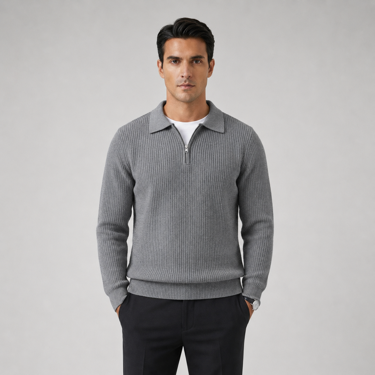 Men's Waffle Knit Quarter-Zip Polo Jumper