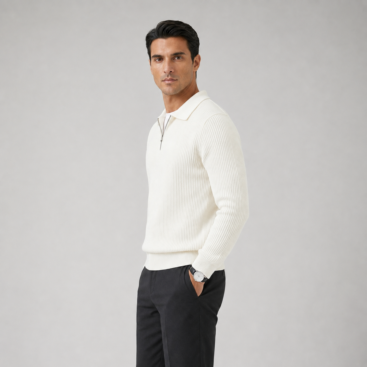 Men's Waffle Knit Quarter-Zip Polo Jumper