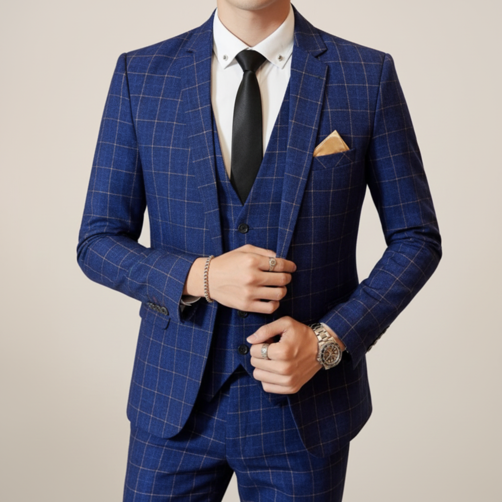 Men's Windowpane Check Notch Lapel Three-Piece Formal Suit