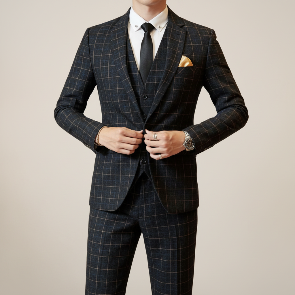 Men's Windowpane Check Notch Lapel Three-Piece Formal Suit