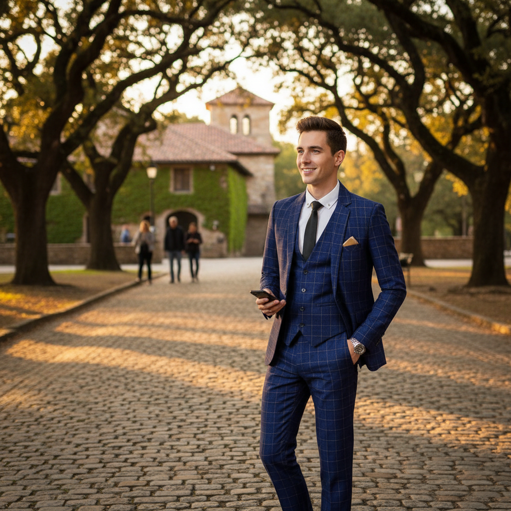 Men's Windowpane Check Notch Lapel Three-Piece Formal Suit
