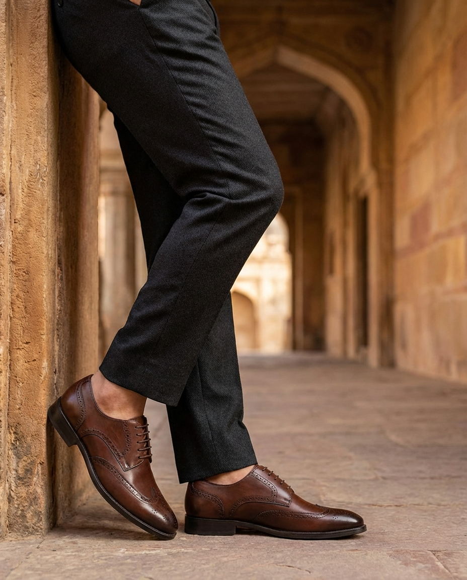 Men's Burnished Faux Leather Wingtip Brogue Dress Shoes