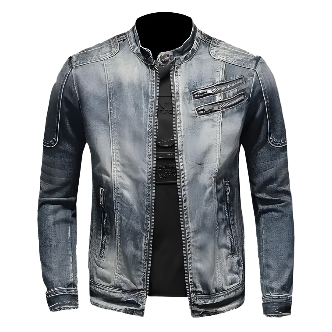Men's Zip-Front Denim Biker Jacket in Grey