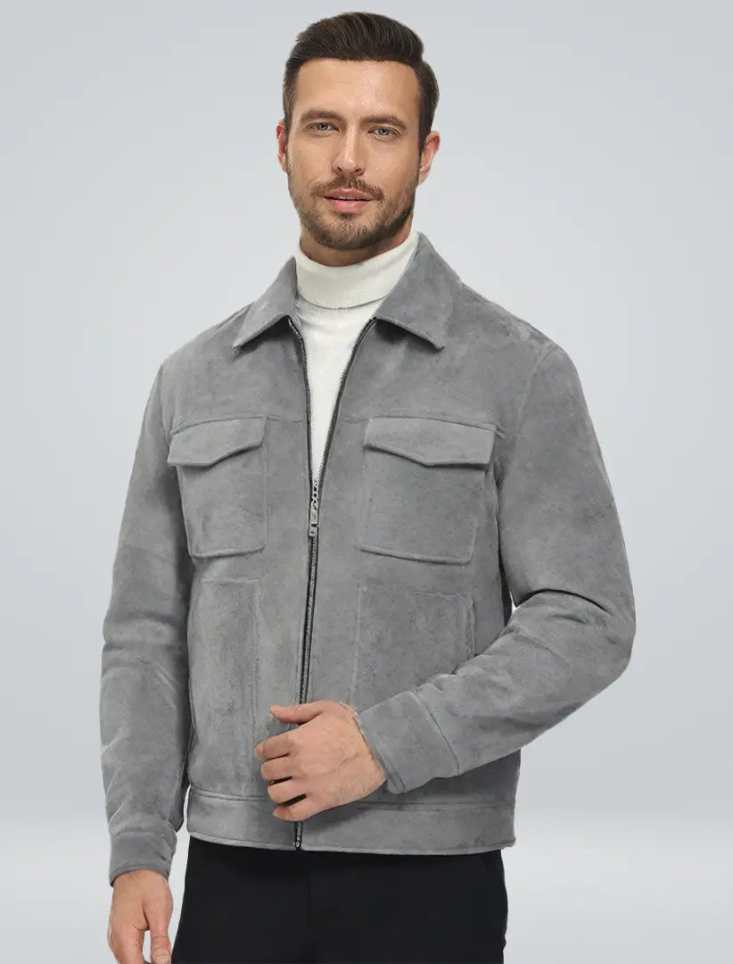 Men's Zip-Front Faux Suede Jacket with Flap Chest Pockets
