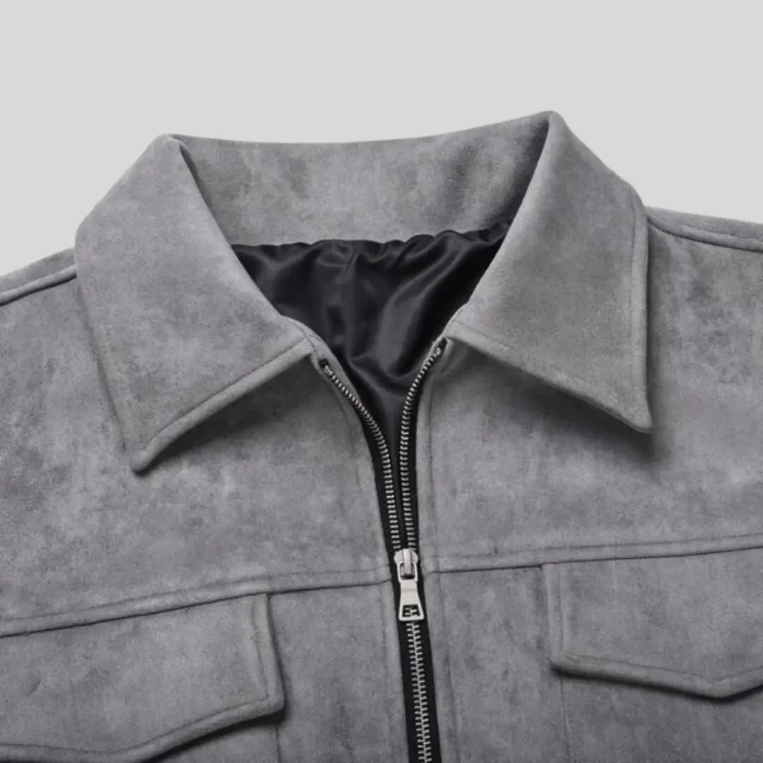 Men's Zip-Front Faux Suede Jacket with Flap Chest Pockets