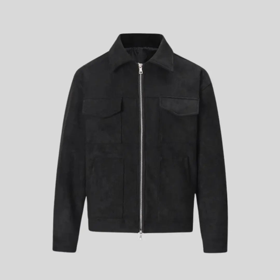 Men's Zip-Front Faux Suede Jacket with Flap Chest Pockets