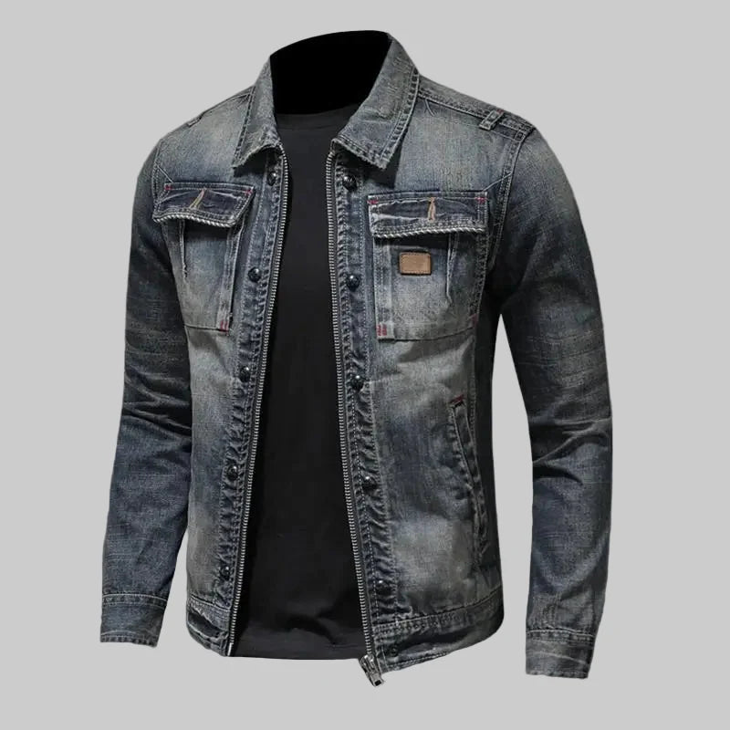Men's Washed Denim Jacket with Zip & Snap Front