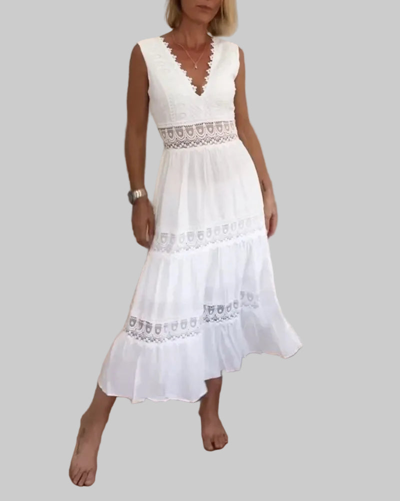 Women's Sleeveless V-Neck Lace Trim A-Line Midi Dress