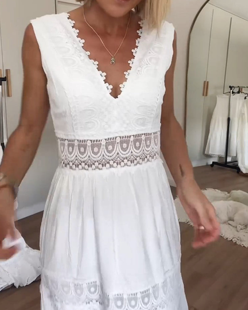 Women's Sleeveless V-Neck Lace Trim A-Line Midi Dress