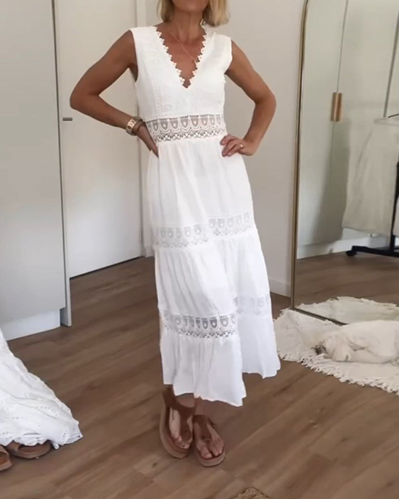 Women's Sleeveless V-Neck Lace Trim A-Line Midi Dress