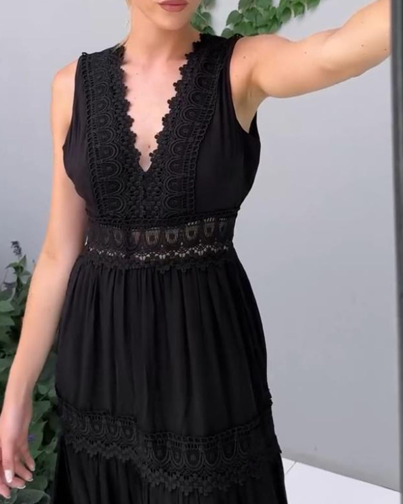 Women's Sleeveless V-Neck Lace Trim A-Line Midi Dress