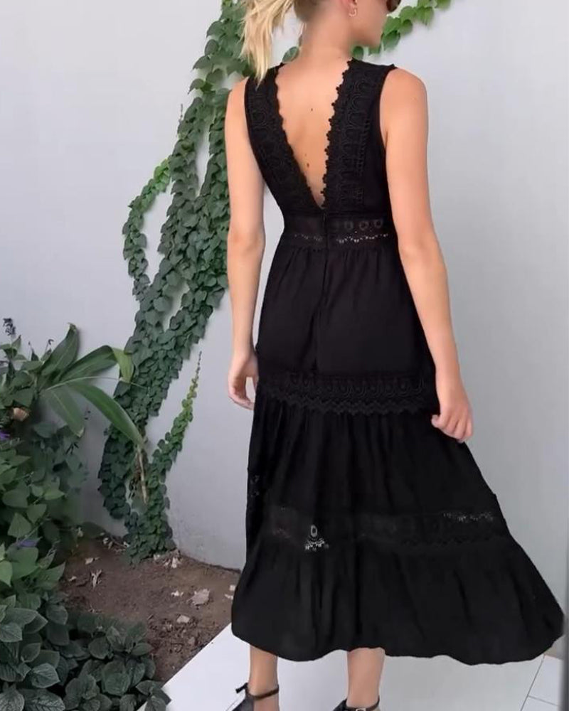 Women's Sleeveless V-Neck Lace Trim A-Line Midi Dress