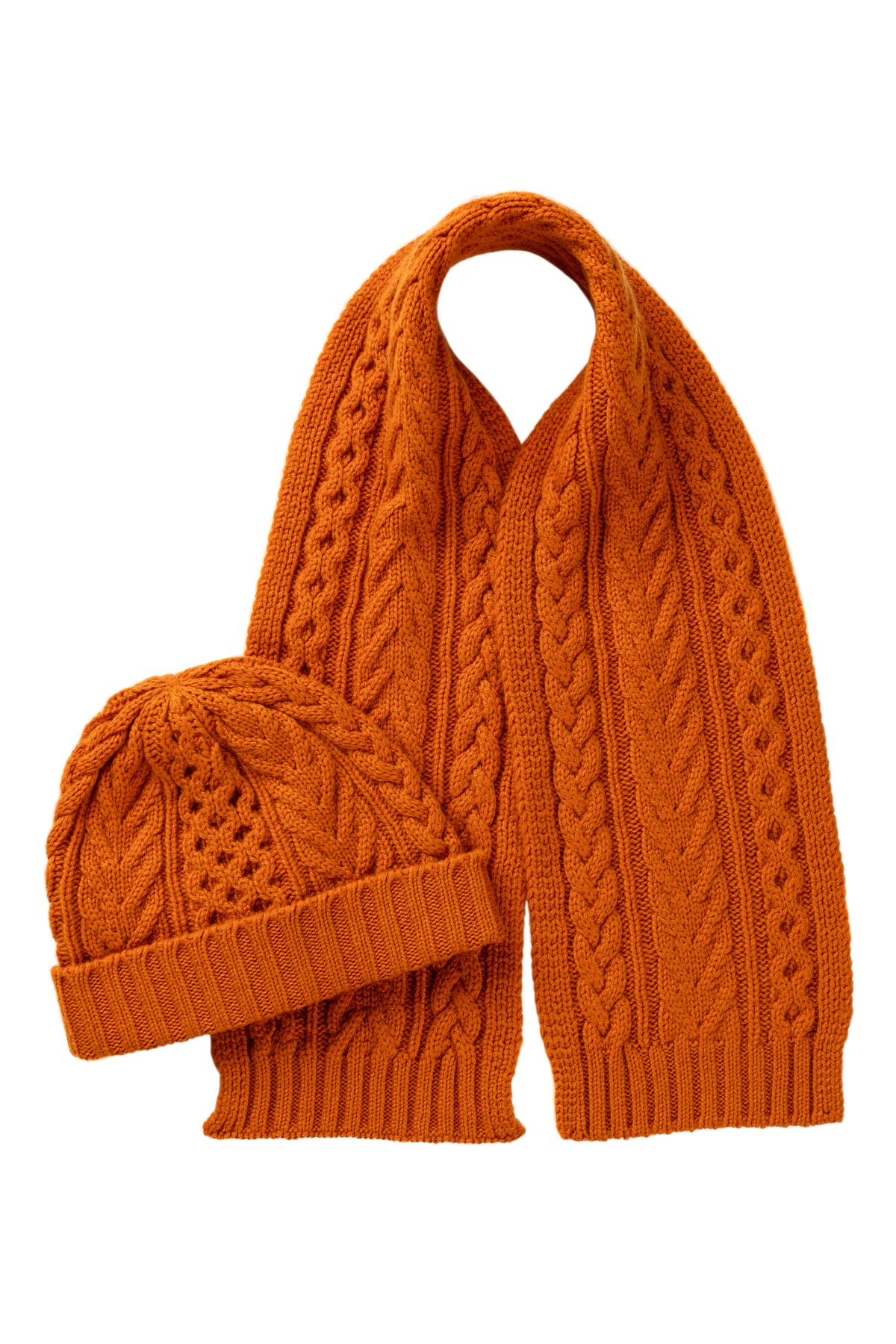 Women's Aran Cable Knit Cuffed Beanie in Orange