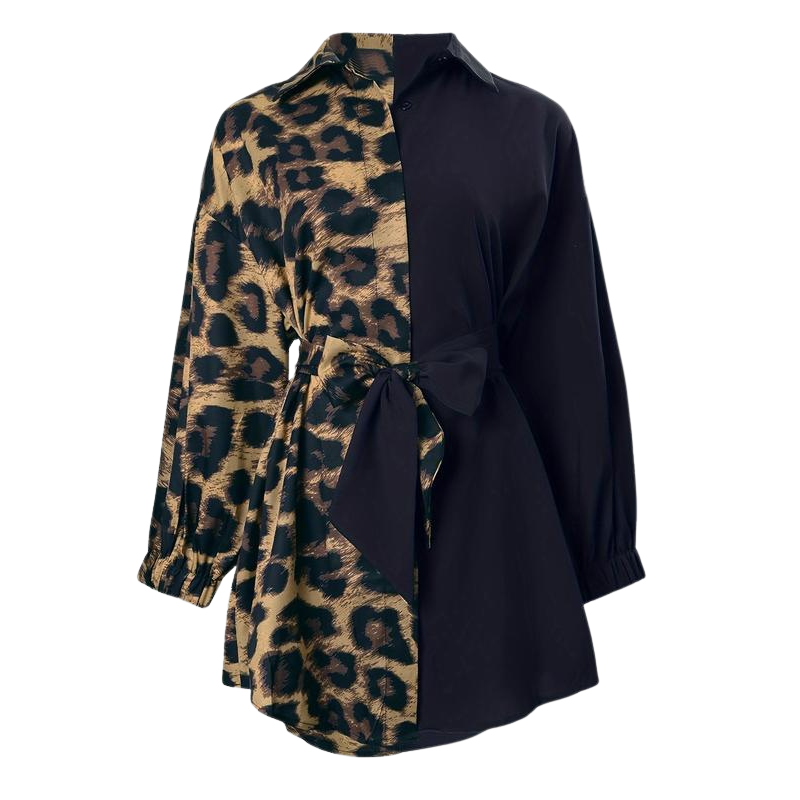 Women's Leopard Print Colour Block Shirt Dress with Tie Belt
