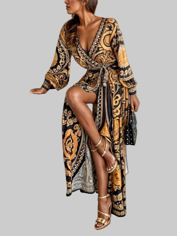 Women's Bohemian Print Wrap Maxi Dress with High Slit