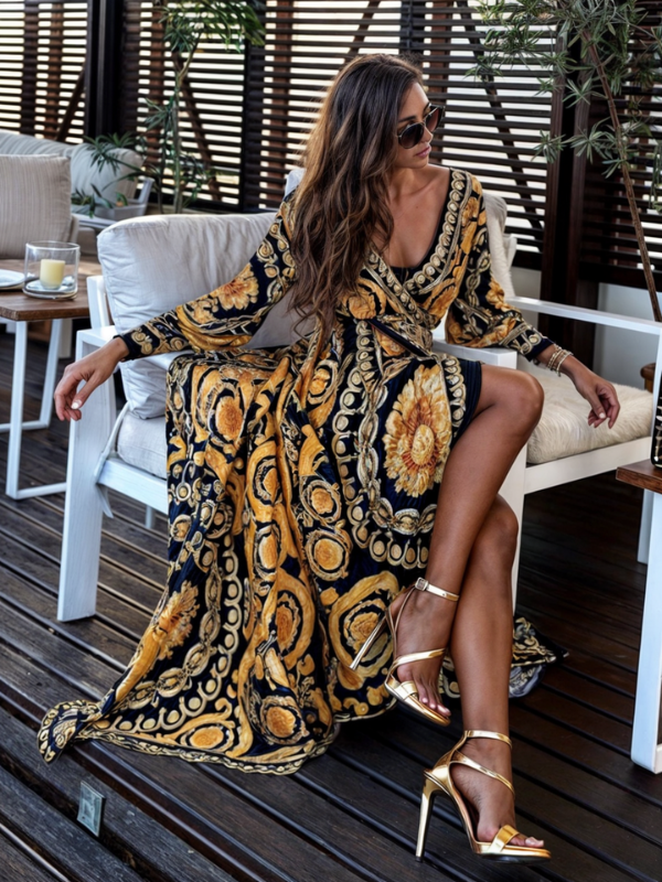Women's Bohemian Print Wrap Maxi Dress with High Slit