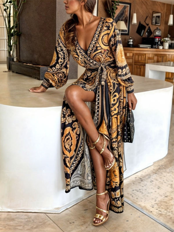 Women's Bohemian Print Wrap Maxi Dress with High Slit
