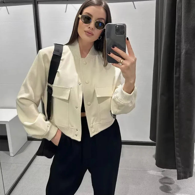 Women's Cropped Bomber Jacket with Stand Collar