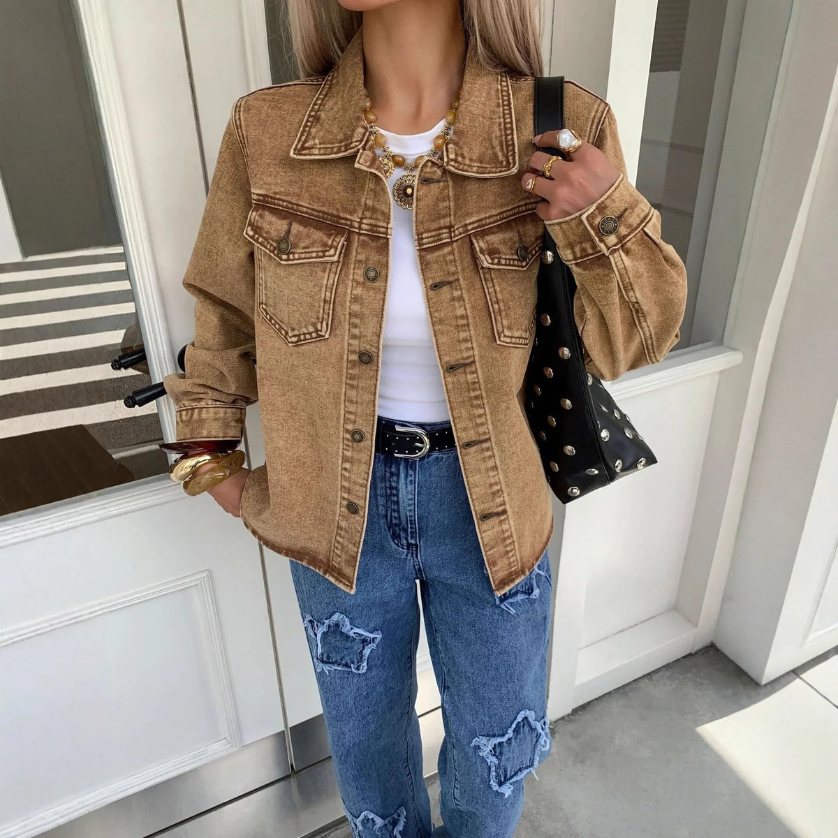 Women's Button-Front Denim Jacket in Brown