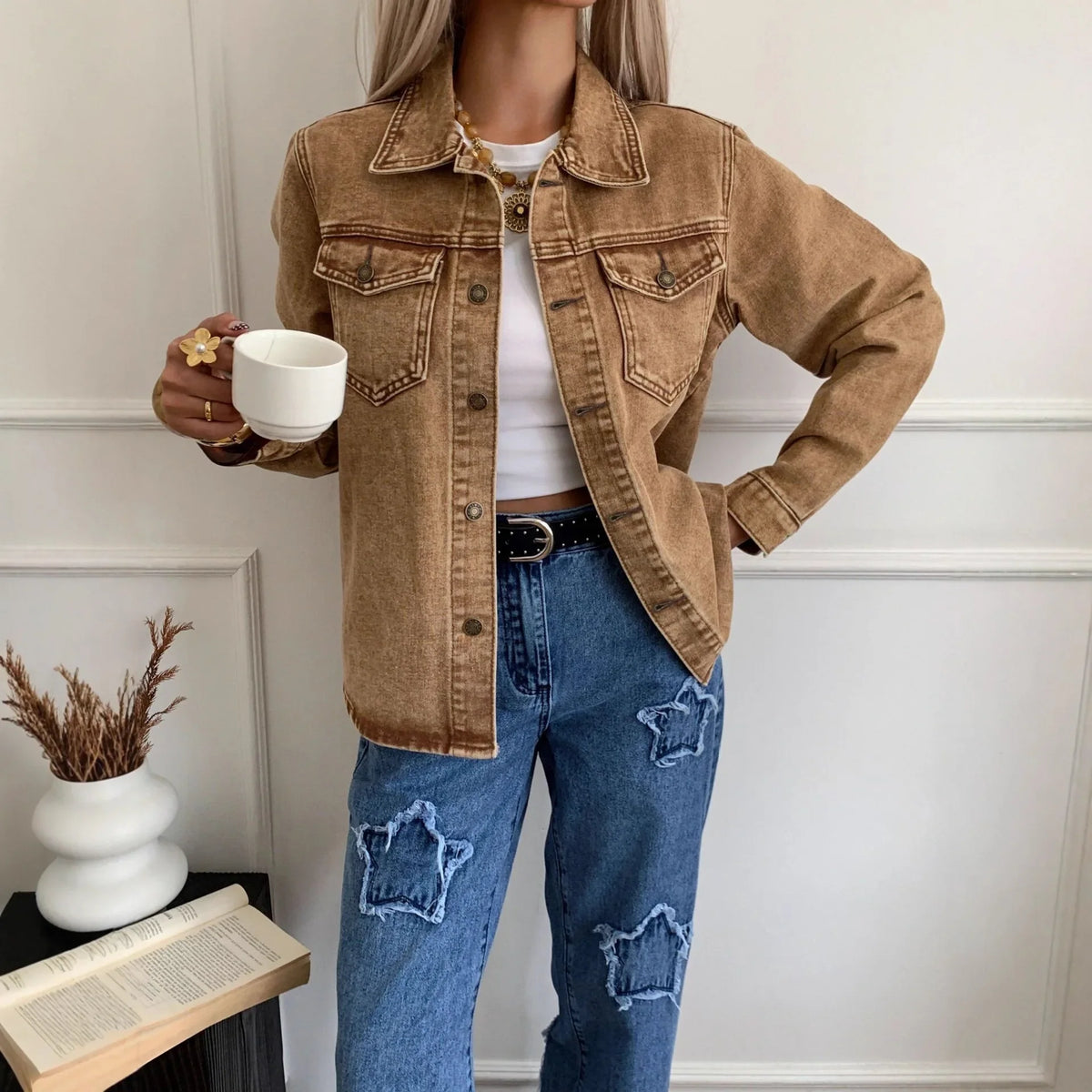 Women's Button-Front Denim Jacket in Brown