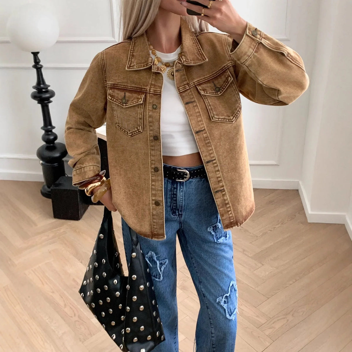Women's Button-Front Denim Jacket in Brown
