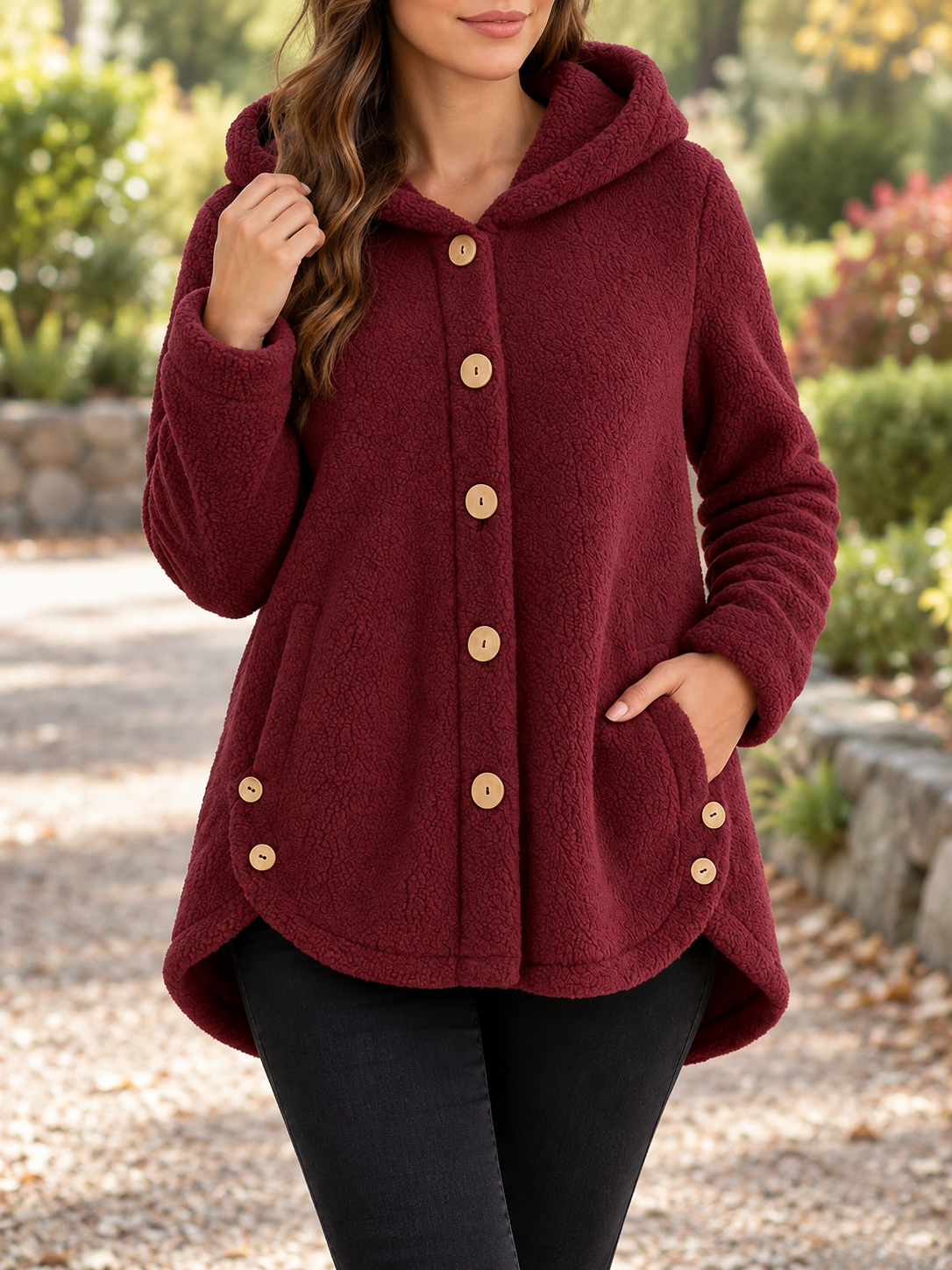 Women's Button-Front Fleece Hoodie with Curved Hem