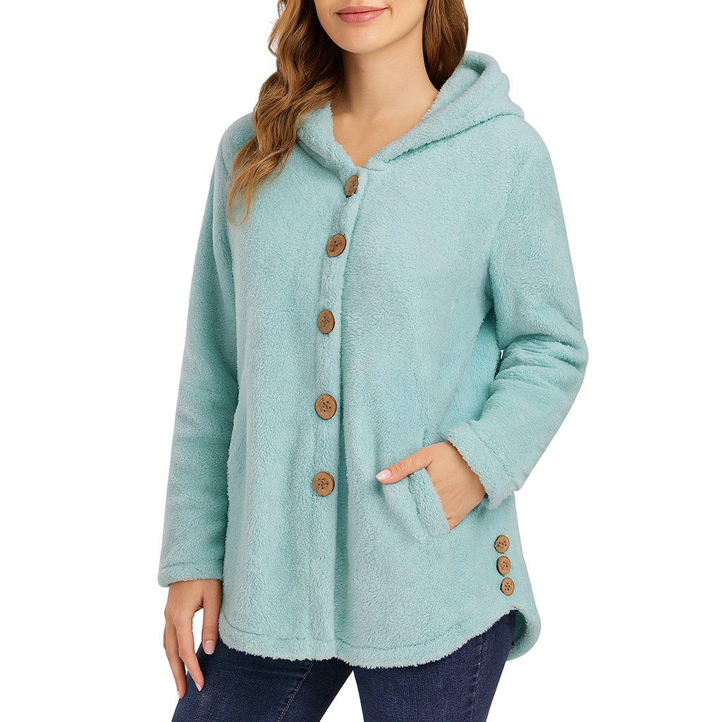 Women's Button-Front Fleece Hoodie with Curved Hem