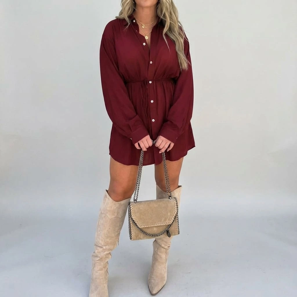 Women's Long Sleeve Button-Up Shirt Dress
